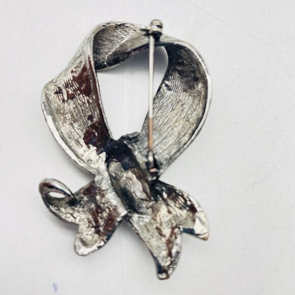 Brushed Ribbon Pin Oxidized Silver Tone Black Rhinestone Accents Awareness Gift - Picture 5 of 6